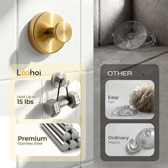 Upgraded Suction Cup Hooks for Shower, Heavy Duty Removable Towel Hooks for Bathroom Glass Door Wall, Stainless Steel Shower Hooks for Towel & Loofah (2 Pack, Gold)