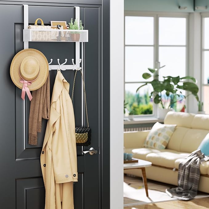 Consumest Over The Door Hooks Organizer - Door Hanger with Mesh Basket & 16 Coat Rack Hooks, Back Storage Organizer for Bedroom, Bathroom, Kitchen, Office, White
