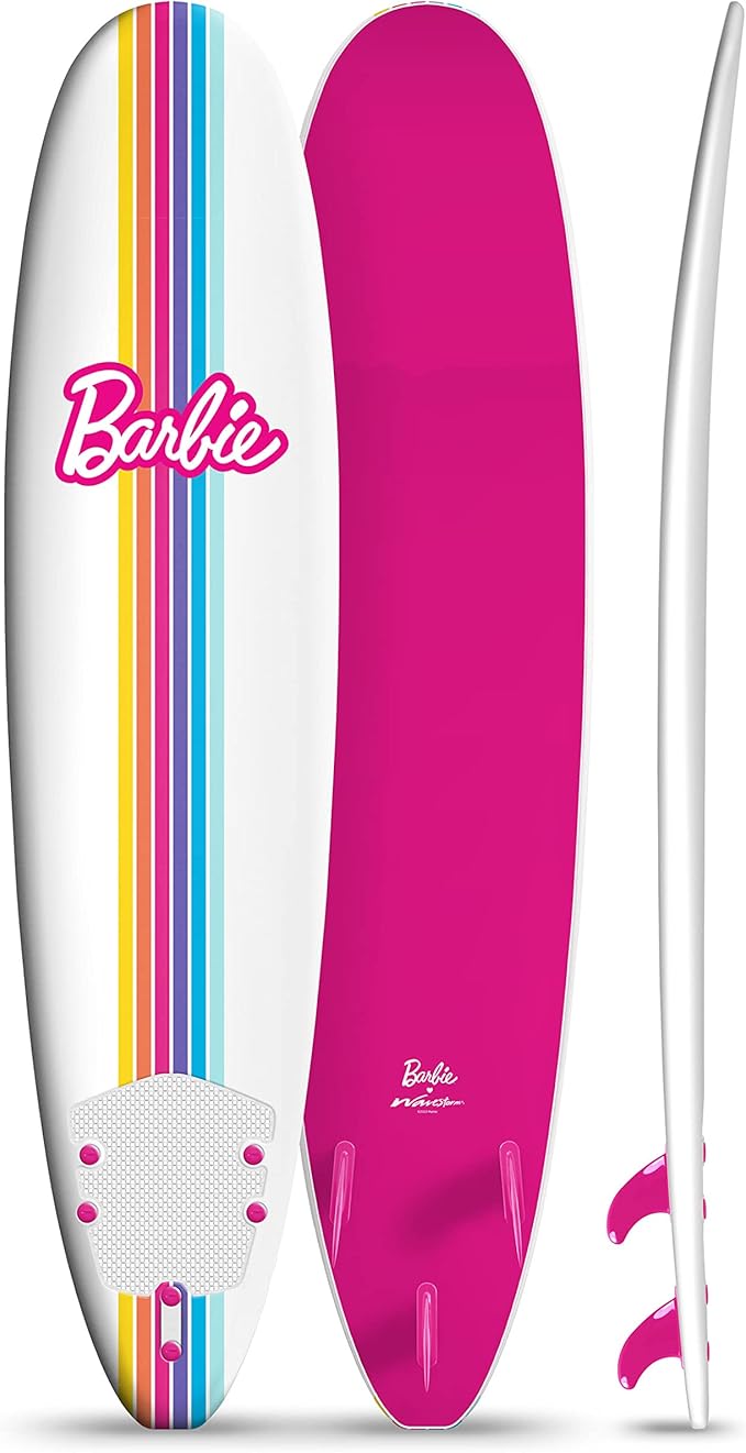 Barbie™ Signature 8ft Surfboard by Wavestorm | Graphic top Deck with high Density Slick Bottom | for Kids and Adults |Foam Construction with Accessories | Leg Leash and Fin Set Included,White