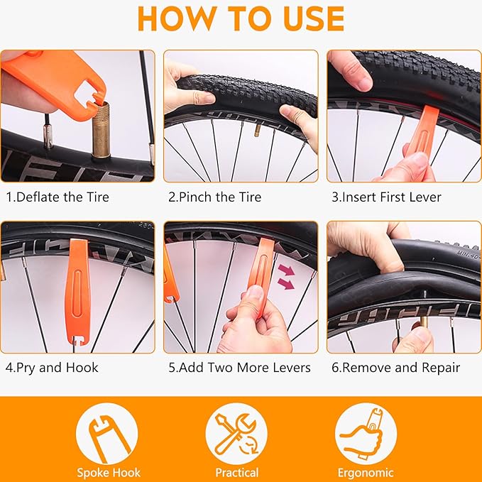 Bike Tire Levers Set, 3pcs Bicycle Tire Levers with Spoke Hooks, 16mm Wide Tire Removal Tool for Road Bike, Mountain Bike, Hybrid Bike Repair Kit