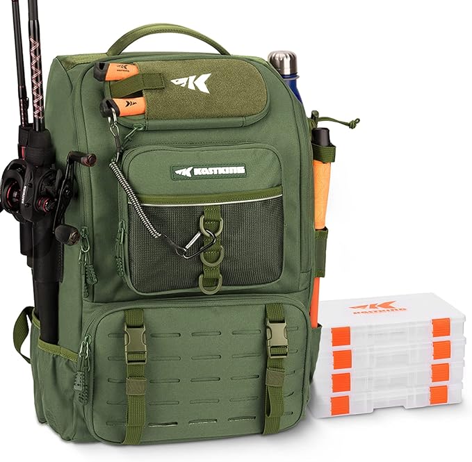 KastKing KarryAll 釣り用バックパック ロッドホルダー付き タックルボックス4個、40/26L タックルバッグ 釣り道具収納