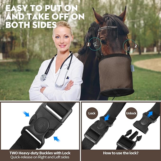 Horse Feed Bag 2 PCs, Breathable Mesh Feed Bags for Horses, Muzzle Feedbag for Feeding Grain, Anti-Spill Design Feeder, Soft Neck Pad Nose Pad, Universal Fit (Camel)