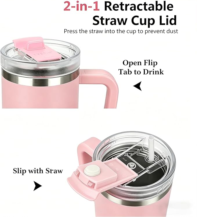 TYESO Vacuum Insulated Tumbler Water Bottle Cold Insulation Stainless Steel Bottle Straw Handle Mug Double Wall Wide Mouth (PINK, 40 oz)