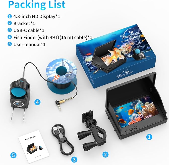 Underwater Fishing Camera TMACTIME 1080P HD, Portable Fish Finder with 4.3" LCD Display & Infrared Night Vision Light, IP68 Waterproof & 5000mAh, Fishing Camera for Ice Lake Boat Kayak Fishing - 15M
