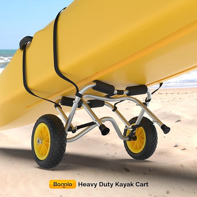 Bonnlo Boat Kayak Canoe Cart Carrier Dolly Trailer Tote Trolley Transport Kayak Accessories Large with 20x2mm Aluminum Pipe Double Kickstands, Inflation Free Solid Tire Wheels, 2 Ratchet Straps