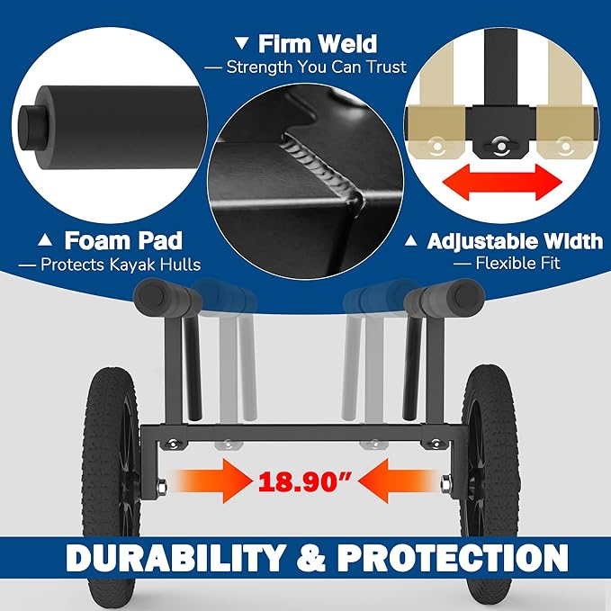 GanFindX Heavy Duty Kayak Cart | Adjustable Foldable Trolley with Durable Wheels, Portable Kayak Transport Cart, Tie-Down Straps Included (Detachable & Heavy-Duty)