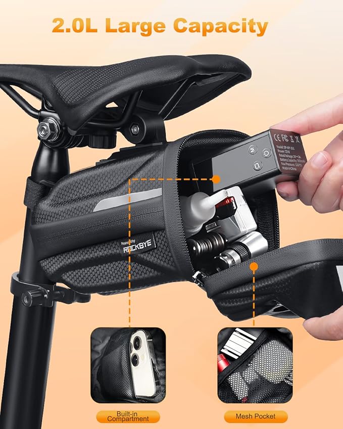 Bike Saddle Bag with Taillight, 2.0L Waterproof & Easy-Install Bicycle Saddle Bag, 3D Shell Cycling Seat Pack for Road/E-Mountain Bikes, Durable Storage Bag for Cyclists