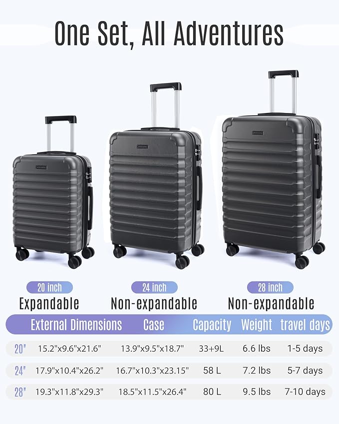 LIGHT FLIGHT スーツケースセット 3点セット 耐久性 スピナーホイール付き 3ピース ハードサイド 軽量 TSAロック付き 大型受託手荷物 20/24/28インチ グレー