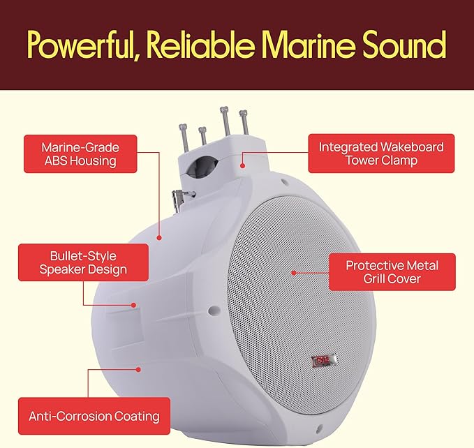 Pyle Wakeboard Tower Speakers, 8” 300W Dual Waterproof Subwoofer Speakers & 1” Tweeter, 2-Way Outdoor Marine Audio System, Bullet Style Design Suitable for Boats with Mounting Brackets, White (1 Pair)