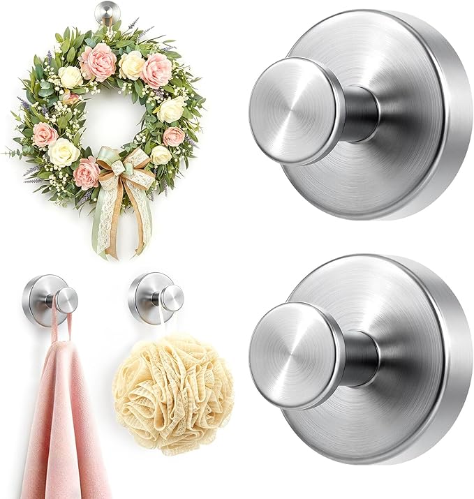 Upgraded Suction Cup Hooks for Shower, Heavy Duty Removable Towel Hooks for Bathroom Glass Door Wall, Stainless Steel Shower Hooks for Towel & Loofah (2 Pack, Silver)