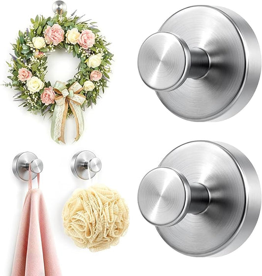 Upgraded Suction Cup Hooks for Shower, Heavy Duty Removable Towel Hooks for Bathroom Glass Door Wall, Stainless Steel Shower Hooks for Towel & Loofah (2 Pack, Silver)