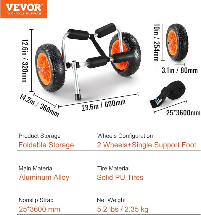 VEVOR Kayak Cart, 250lbs Load Capacity, Foldable Kayak Dolly Aluminum Kayak Wheels with 10'' Solid Tires for Kayaks Carrier Canoes Paddleboard Kayak Trolley Float Mats Jon Boats