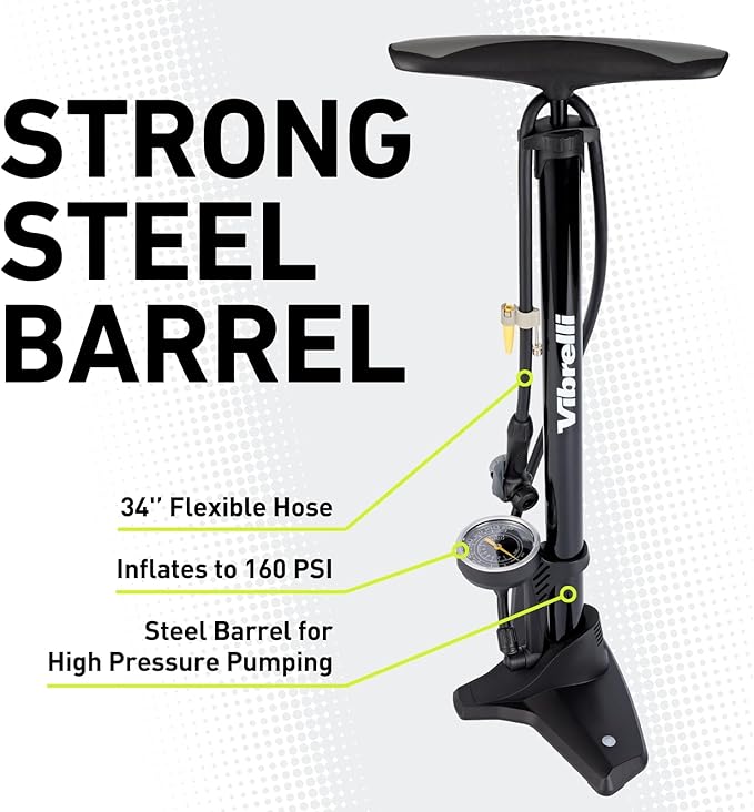 Vibrelli Vibrelli Bike Floor Pump with Gauge - High Pressure 160 PSI - Presta Valve Bike Pump Automatically Switches to Schrader - Bicycle Pump Comes with Glueless Puncture Kit