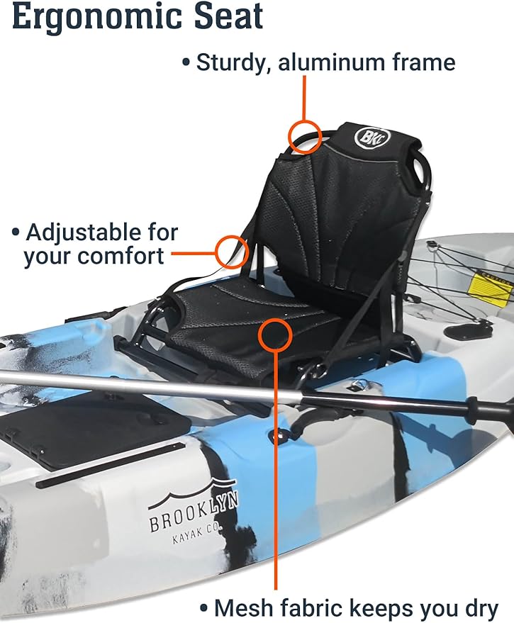 Brooklyn 9.2 Sit-On-Top Single Fishing Kayak by BKC, Lightweight Solo Kayak with Dry Hatches, Rod Holders & Accessory Rails for Lakes & Rivers (Upright Seat or Memory Foam Seat)