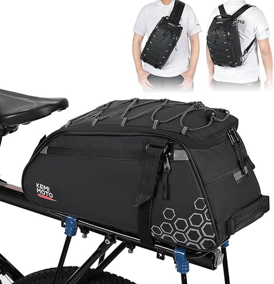 KEMIMOTO Rear Bike Rack Bag, 11L Water-resistant Trunk Bag 3-IN-1, Zippered Bicycle Backpack Shoulder Pannier Saddle Bag for Ebikes Cycling Commuting Travel Outdoor Camping