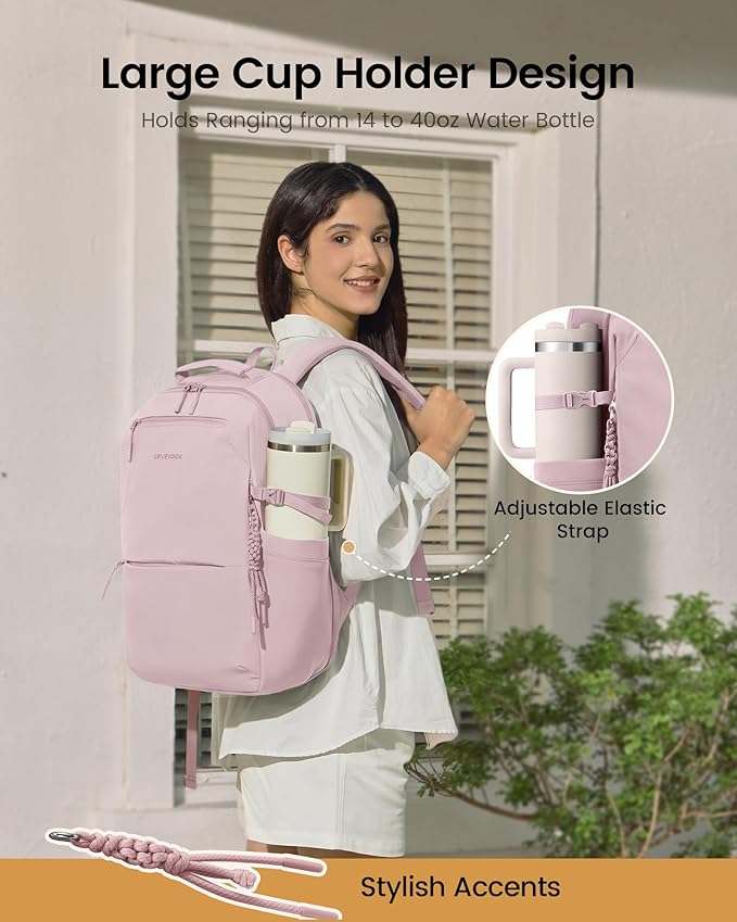 LOVEVOOK Laptop Backpack for Women with Giant Tumbler Holder - 15.6Inch Work Computer Travel Backpack with Laptop Compartment, Water Resistant, Cute Commuter College Teacher Nurse Purse Bag, Pink