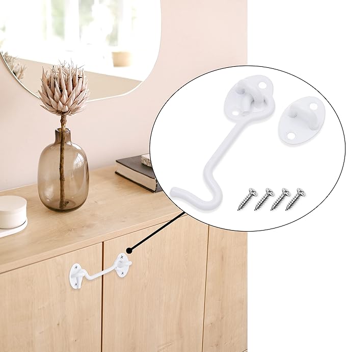 Eco-Fused 4-inch Heavy Duty Hook and Eye Latch - 2X Barn Door Lock (White), 8X Mounting Screws - Powder Coated Stainless Steel Hooks for Door, Windows, Sheds, Fences, Gates, Closets, Cabinets