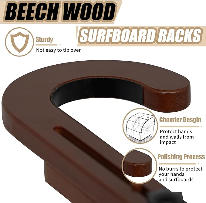 Surfboard Stand Racks, Sturdy Surfboard Racks Standing with Floor-Standing Design,Stand Shortboard and Longboard Organizer, Beech Wood, Coffee, 1PCS