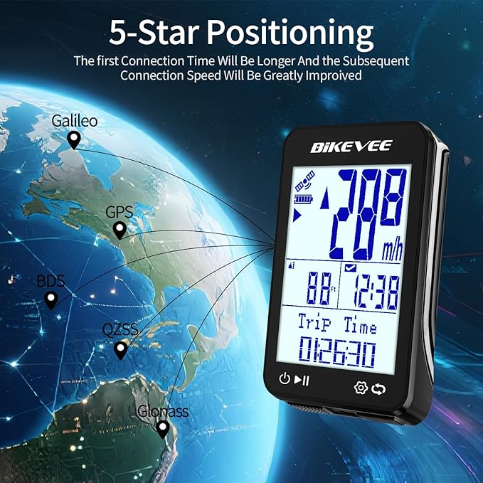 GPS Bike Computer Wireless Bicycle Speedometer Odometer 9 Languages Auto Backlight Auto Start Stop IPX7 Waterproof 2.4 Inch LCD Supports MPH KMH