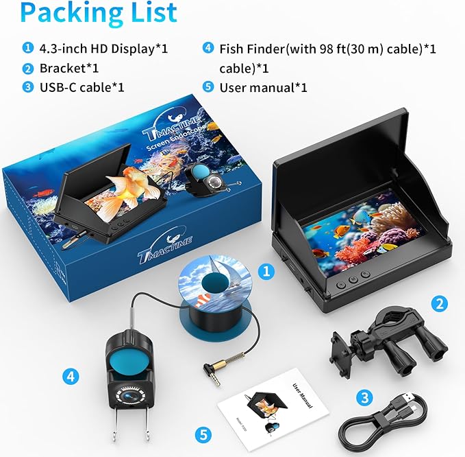 Underwater Fishing Camera TMACTIME 1080P HD, Portable Fish Finder with 4.3" LCD Display & Infrared Night Vision Light, IP68 Waterproof & 5000mAh, Fishing Camera for Ice Lake Boat Kayak Fishing - 30M