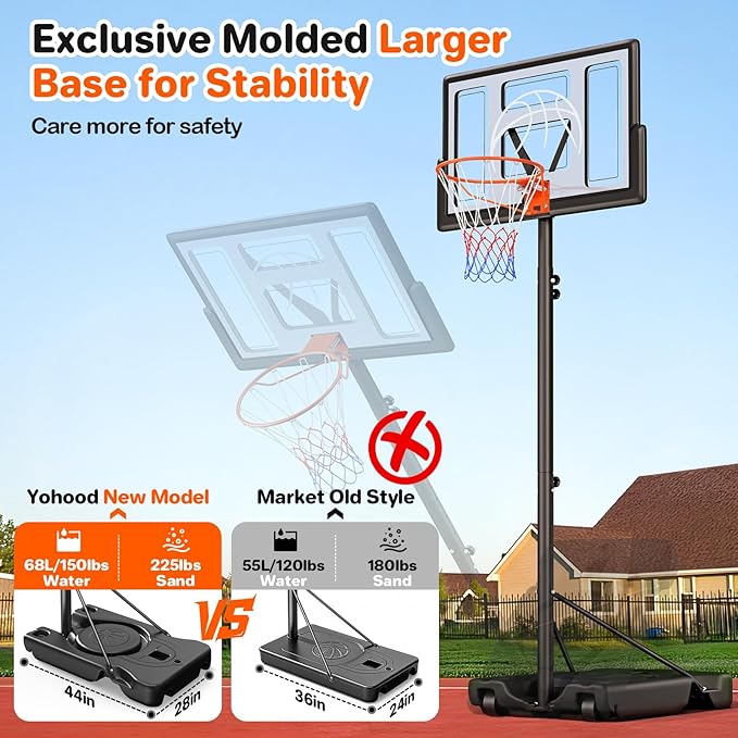 Basketball Hoop Outdoor 10ft Adjustable, Portable Basketball Hoop Goal System for Kids Youth and Adults in Backyard/Driveway/Indoor, 44 Inch Shatterproof Backboard and Larger Base
