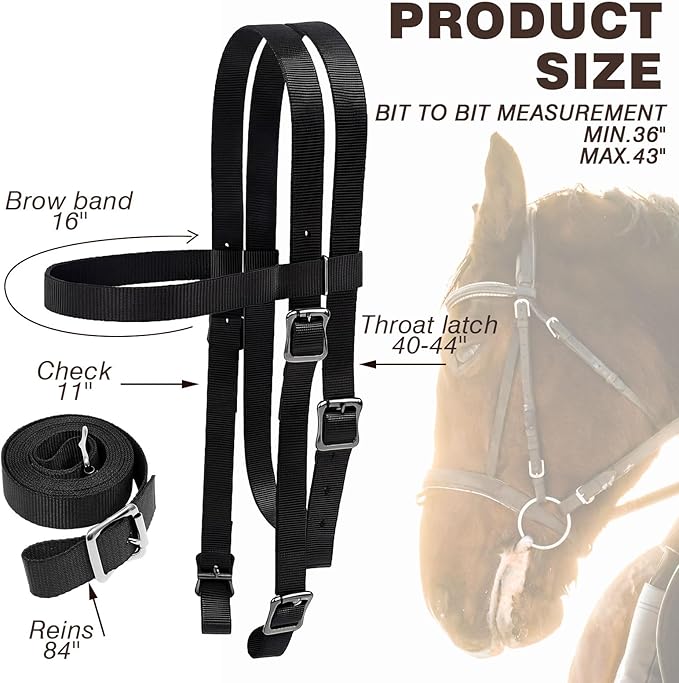 Simgoing 2 Pcs Horse Headstall with Reins, Western Horse Bridle, Nylon Padded Browband, for Horses Trail Riding Equine Tack Supplies Equestrian Lover Gifts, Black