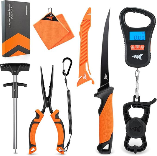 KastKing ToughTideフィッシングツールキット。充電式デジタルフィッシュスケール（リップグリップ＆巻尺付き）、7インチフィレナイフ（シース＆シャープナー付き）、8インチスプリットリングフィッシングプライヤー