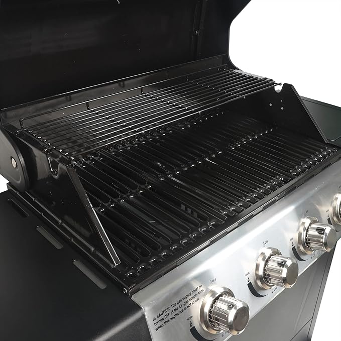 Grill Boss 4 Burner Propane Gas BBQ, Portable w/ Lid, Wheels & Side Shelves, Black - Grilling Accessories and Equipment for Camping, Tailgating, Outdoor Barbecue and Cooking