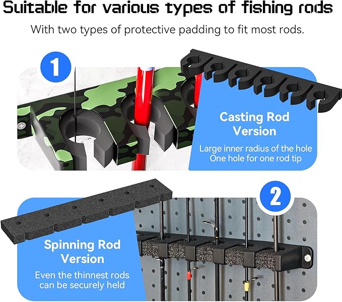 Fishing Rod Holder for Garage Fishing Pole Holders Fishing Rod Rack Vertical Wall-Mounted for Garage Stores 6 Rods or Combos Fits Most Rod Diameters (Vertical Black, 1 Pair)