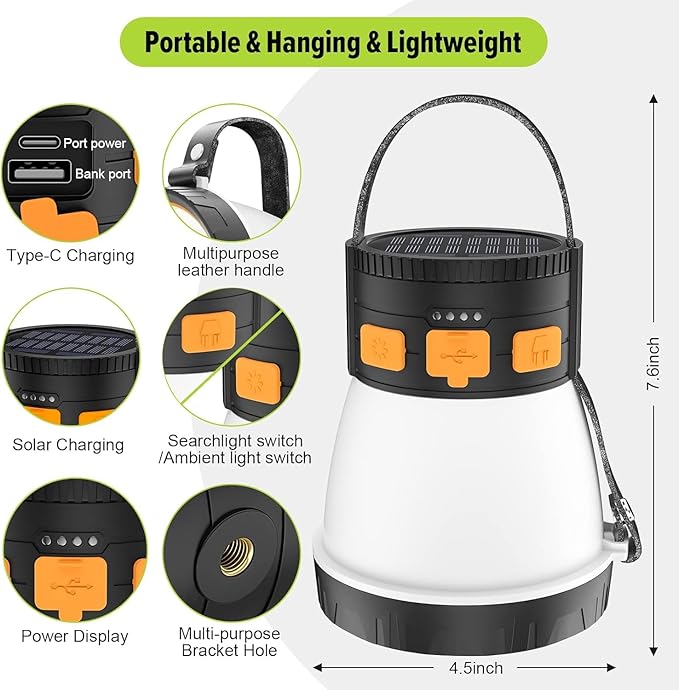 LEDキャンプランタン2個パック、1500ルーメン充電式ソーラーパネル充電、防水、8つの点灯モード、7500mAhパワーバンク、ハリケーン緊急時、アウトドア用キャンプ懐中電灯