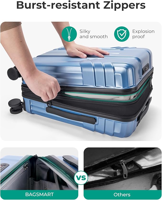 BAGSMART 拡張可能機内持ち込みスーツケース 22x14x9 航空会社承認、100% PC軽量ハードシェル、20インチ旅行用スーツケース（スピナーホイール付き）、防水キャリーケース、ブルー
