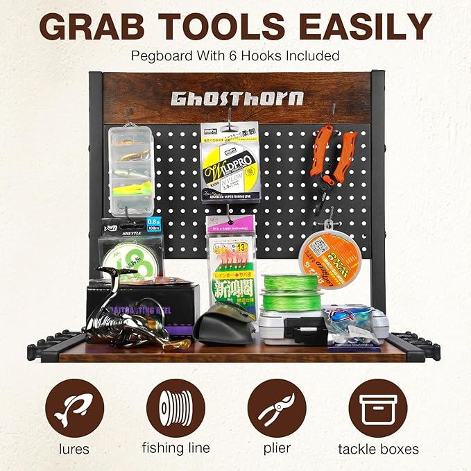 Ghosthorn Fishing Rod Holders for Garage Fishing Pole Holders Fishing Rack Hold up to 10 Rods Fishing rod Storage with Pegboard Hooks Fishing Rod Rack on wheels Fishing Pole Organizer Fishing Gear