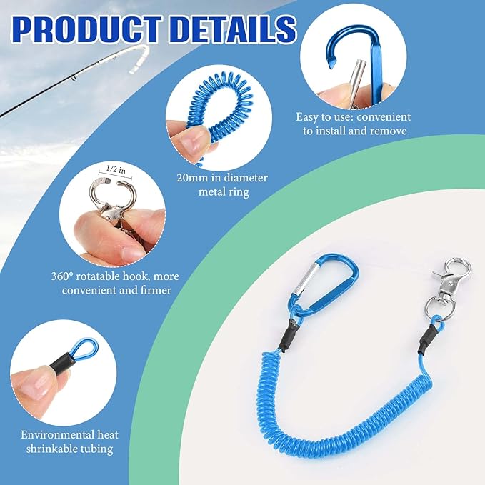 Woanger 6 Pack Fishing Lanyard Steel Wire Coiled Lanyard Tool Lanyards for Hand Tools Kayak Retractable Tool Leash Fishing Rod Safety Lanyards Gear with Alloy Clips for Pliers Boating