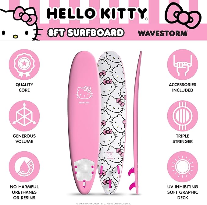 Hello Kitty 8ft Surfboard by Wavestorm | Graphic top Deck with high Density Slick Bottom | for Kids and Adults | Foam Construction with Accessories | Includes Basic Leash