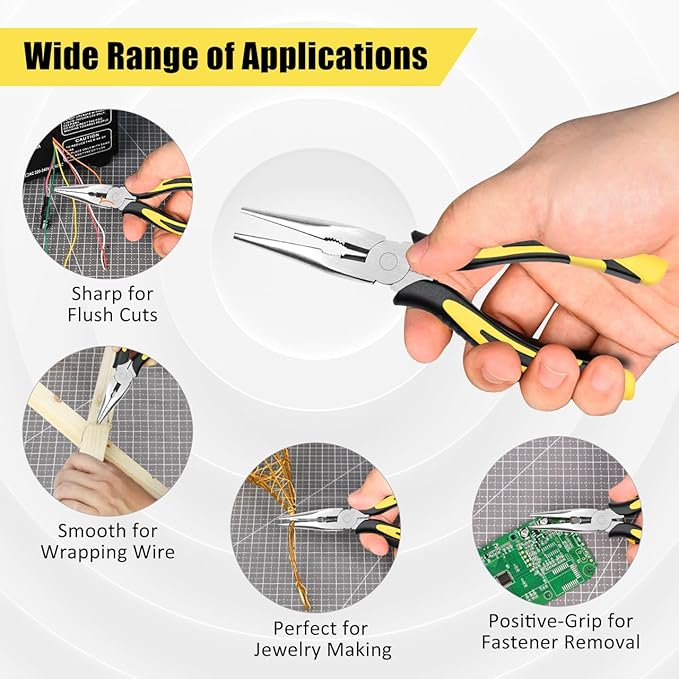 Premium Long Needle Nose Pliers-6’’, Paper Clamp Precision, High Carbon Steel, Soft Grip with Wire Cutter, Long Nose Cutting Pliers for Home, Fishing, Jewelry, Crafts,2pcs