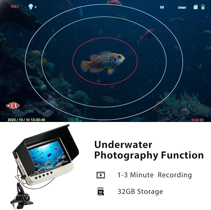 IP68防水水中釣りカメラ（モニター付き） | ナイトビジョン＆深度探知機搭載オールインワンポータブル魚群探知機 | 氷上、湖、海、カヤック、ボート用