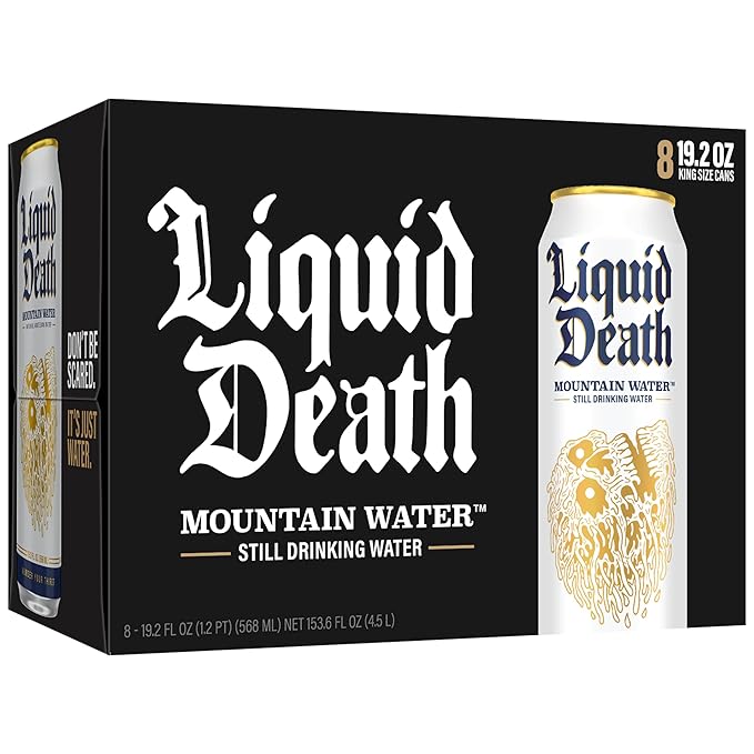 Liquid Death、スティルマウンテンウォーター、8缶パック（19.2液量オンス缶）、天然山の源水、無限にリサイクル可能な冷たい缶、アメリカ製