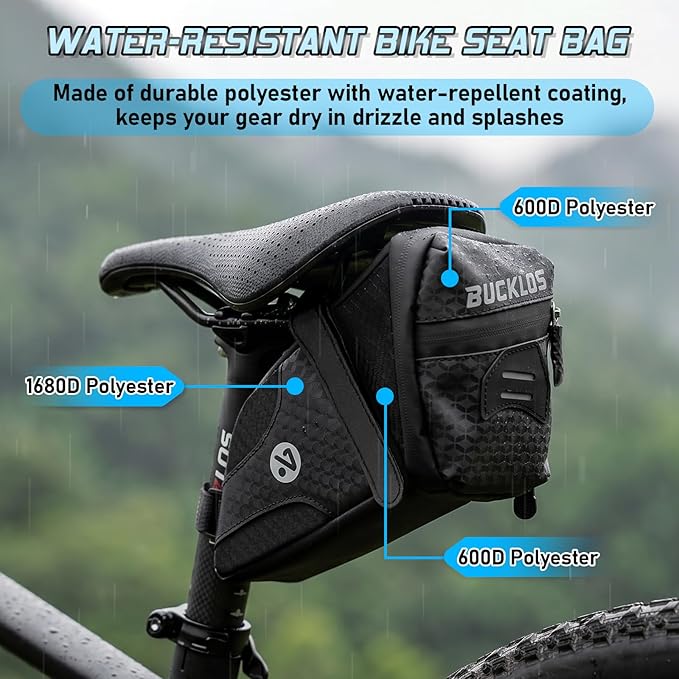 BUCKLOS Bike Saddle Bag, 0.8L Water Resistant Under Seat Bag, 3D Shell 600D Polyester Cycling Wedge Pack with Reflective Strips & Taillight Hanger for Mountain & Road Bikes, Black