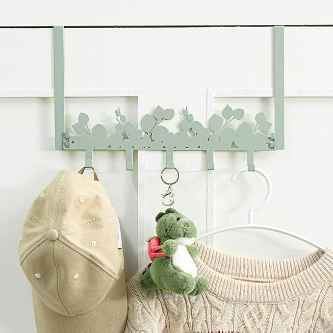 Eucalyptus Over The Door Hooks Hanger Wall Mount Towel Hanger Door Holder Organizer 5 Hooks Kawaii Farmhouse Rustic Coquettish Style Decor for Bedroom Bathroom Towel Hat Clothes