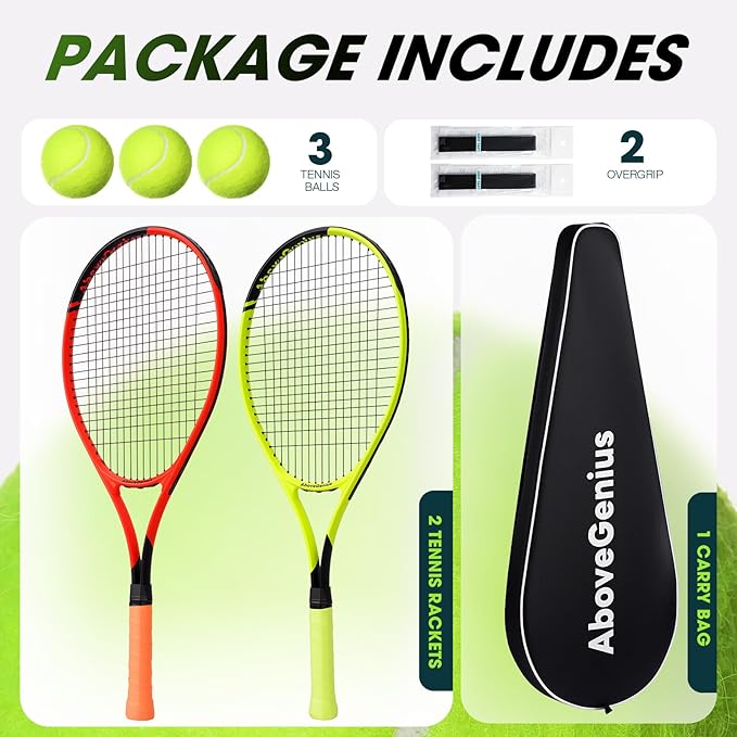 Neon Tennis Rackets 2 Pack for Adults- 27" Lightweight Aluminum Tennis Racquet Set with 3 Balls & Bag- Vibrant High-Visibility Matte Finish for Men Women Beginners