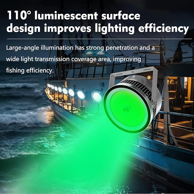 110V-330V 1000W 大型集魚灯 水中型 マリン用 6.5フィート電源ケーブル付き、グリーンLED 防水スポットライト 170KLM、雷保護集魚灯、漁船、マグロなどの海釣りに対応