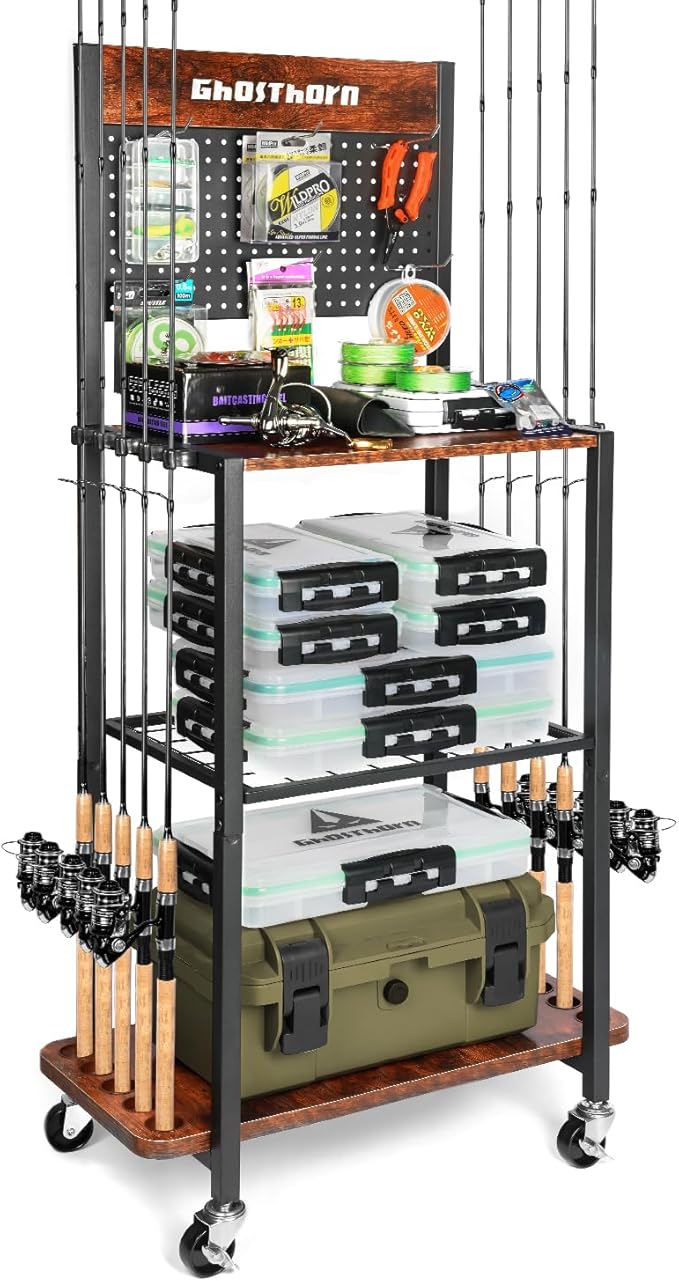 Ghosthorn Fishing Rod Holders for Garage Fishing Pole Holders Fishing Rack Hold up to 10 Rods Fishing rod Storage with Pegboard Hooks Fishing Rod Rack on wheels Fishing Pole Organizer Fishing Gear