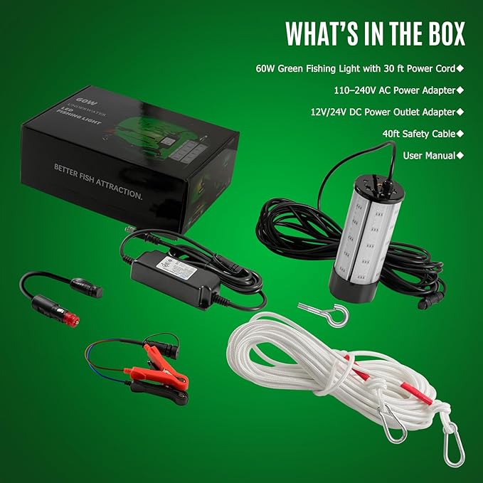 NS 60W 7500LM グリーン水中集魚灯、110V AC & 12V DC デュアル電源、LED水中ドック&ボートライト、クラッピー、池、カヤック用防水海水魚誘引キット