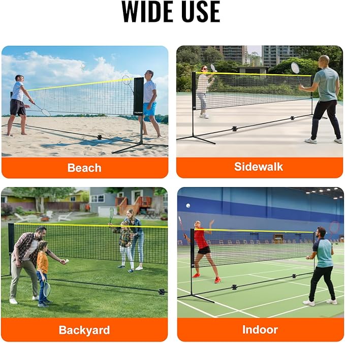 VEVOR Badminton Net, Height Adjustable Volleyball Net, Wide Foldable Pickleball Net, Portable Easy Setup Tennis Net Set with Poles, Stand and Carry Bag, for Kids Backyard Game Indoor Outdoor Use