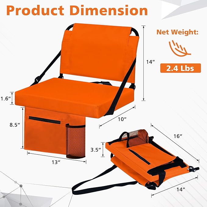 Stadium Seats for Bleachers 2 Pack w/Back Support Bleacher Seat Soft Cushion Light Weight Includes Shoulder Strap & Cup Holder, Front & Back Zipper Pocket, Suitable for Sports Events,Orange