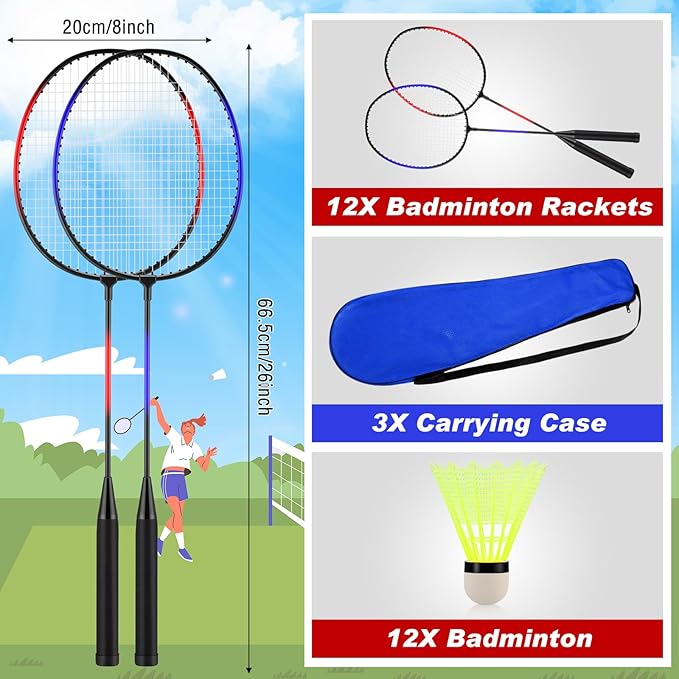 12 Pack Badminton Rackets Set Including Badminton Racquets, Nylon Shuttlecocks and Carry Bag for Outdoor Backyard Games Beginners
