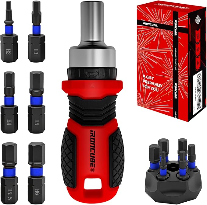 IRONCUBE Magnetic Hex Screwdriver Set: 6 in 1 Multi Bit Drive Set with Interchangeable Ratchet Handle - Portable Repair Tool Kit for DIY Bicycle Furniture - Stocking Stuffers with Gift Box