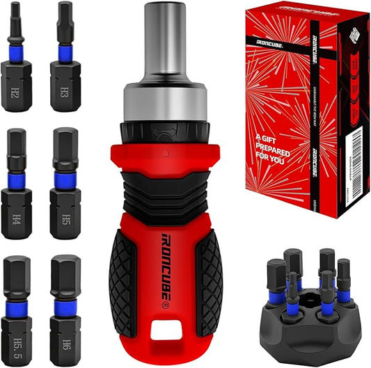 IRONCUBE Magnetic Hex Screwdriver Set: 6 in 1 Multi Bit Drive Set with Interchangeable Ratchet Handle - Portable Repair Tool Kit for DIY Bicycle Furniture - Stocking Stuffers with Gift Box