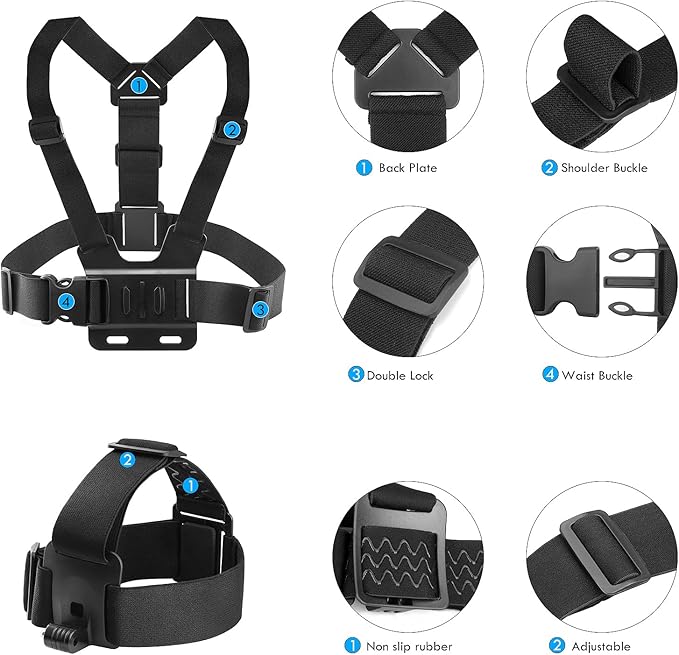 Chest & Head Mount Kit for Action Cameras and Smartphones – Hands-Free POV Recording for GoPro, Insta360, DJI Osmo, AKASO, SJCAM, CAMPARK, Crosstour, APEMAN, WOLFANG, Apexcam, COOAU, Surfola