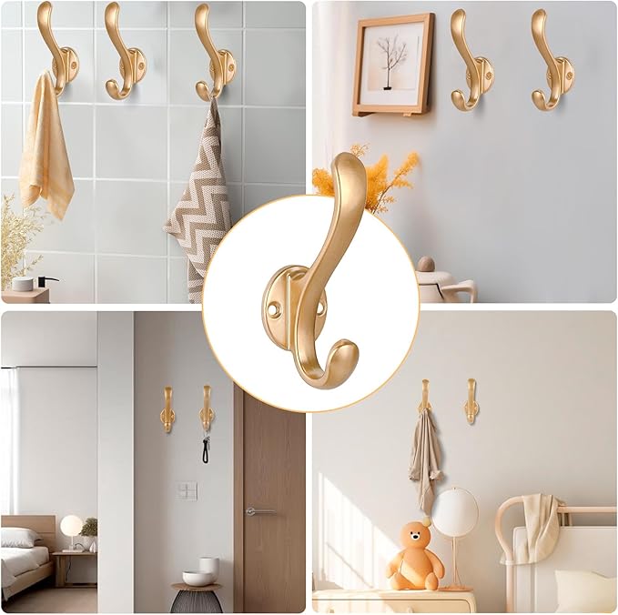 6 Pack Coat Hooks Wall Mount Heavy Duty Utility Retro Double Hooks for Hanging Coats,Hat, Towel, Key, Robe, Scarf, Bag, Cap (Gold)
